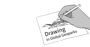 Drawing in Geoparks logo - an illustration of a hand holding a pen, drawing a landscape on a page.